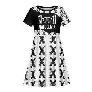 Malcolm X 101 Years Of Resistance Kid Short Sleeve Dress Civil Rights Leader Portrait - Monochrome X Pattern