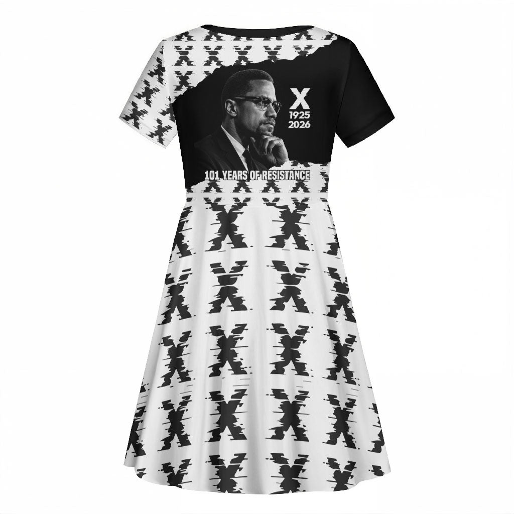 Malcolm X 101 Years Of Resistance Kid Short Sleeve Dress Civil Rights Leader Portrait - Monochrome X Pattern