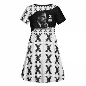 Malcolm X 101 Years Of Resistance Kid Short Sleeve Dress Civil Rights Leader Portrait - Monochrome X Pattern