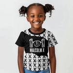 Malcolm X 101 Years Of Resistance Kid T shirt Civil Rights Leader Portrait - Monochrome X Pattern