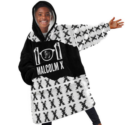 Malcolm X 101 Years Of Resistance Kid Wearable Blanket Hoodie Civil Rights Leader Portrait - Monochrome X Pattern