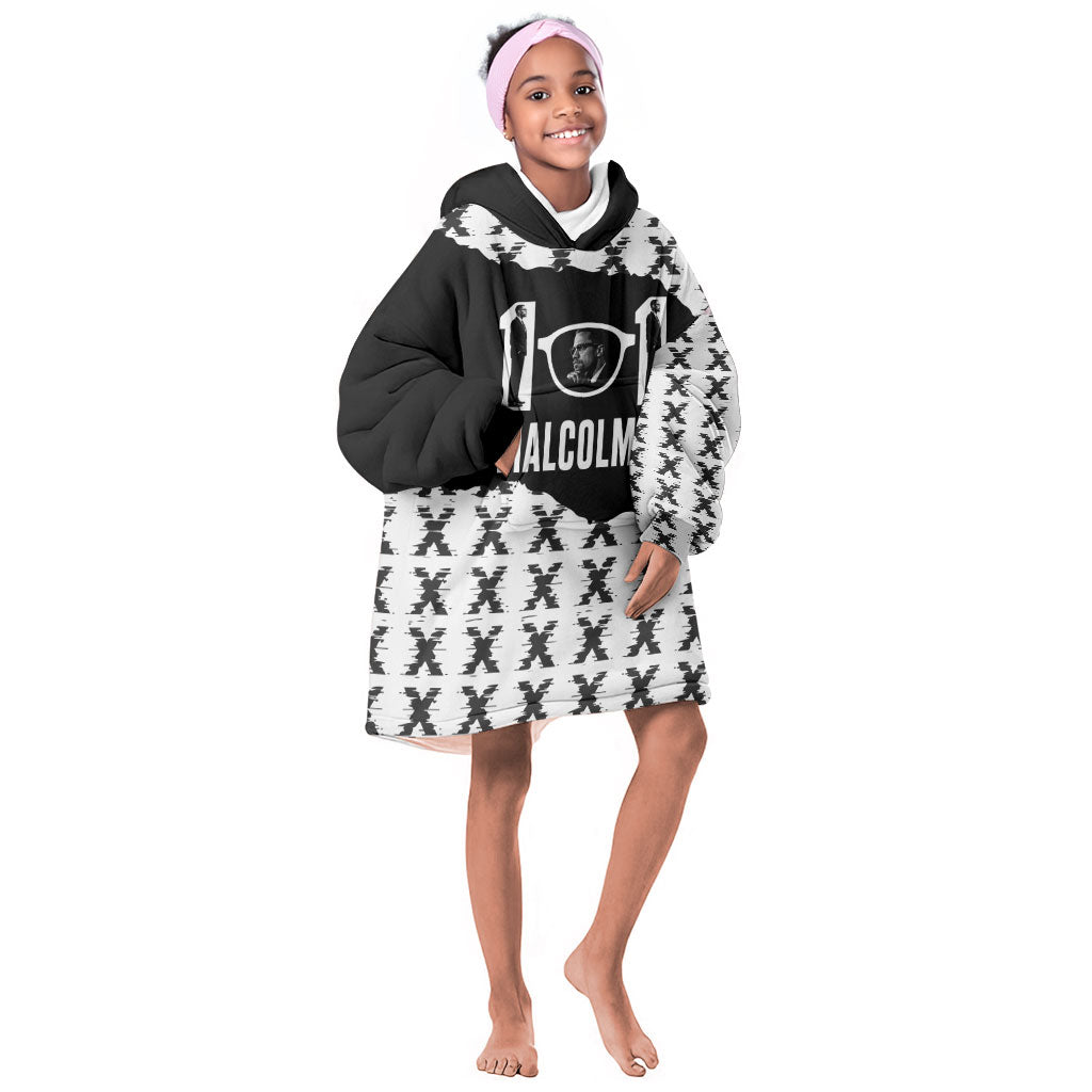 Malcolm X 101 Years Of Resistance Kid Wearable Blanket Hoodie Civil Rights Leader Portrait - Monochrome X Pattern