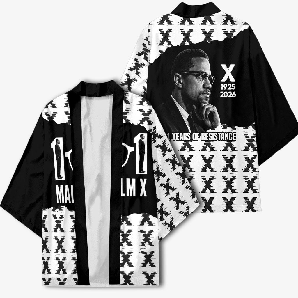 Malcolm X 101 Years Of Resistance Kimono Civil Rights Leader Portrait - Monochrome X Pattern