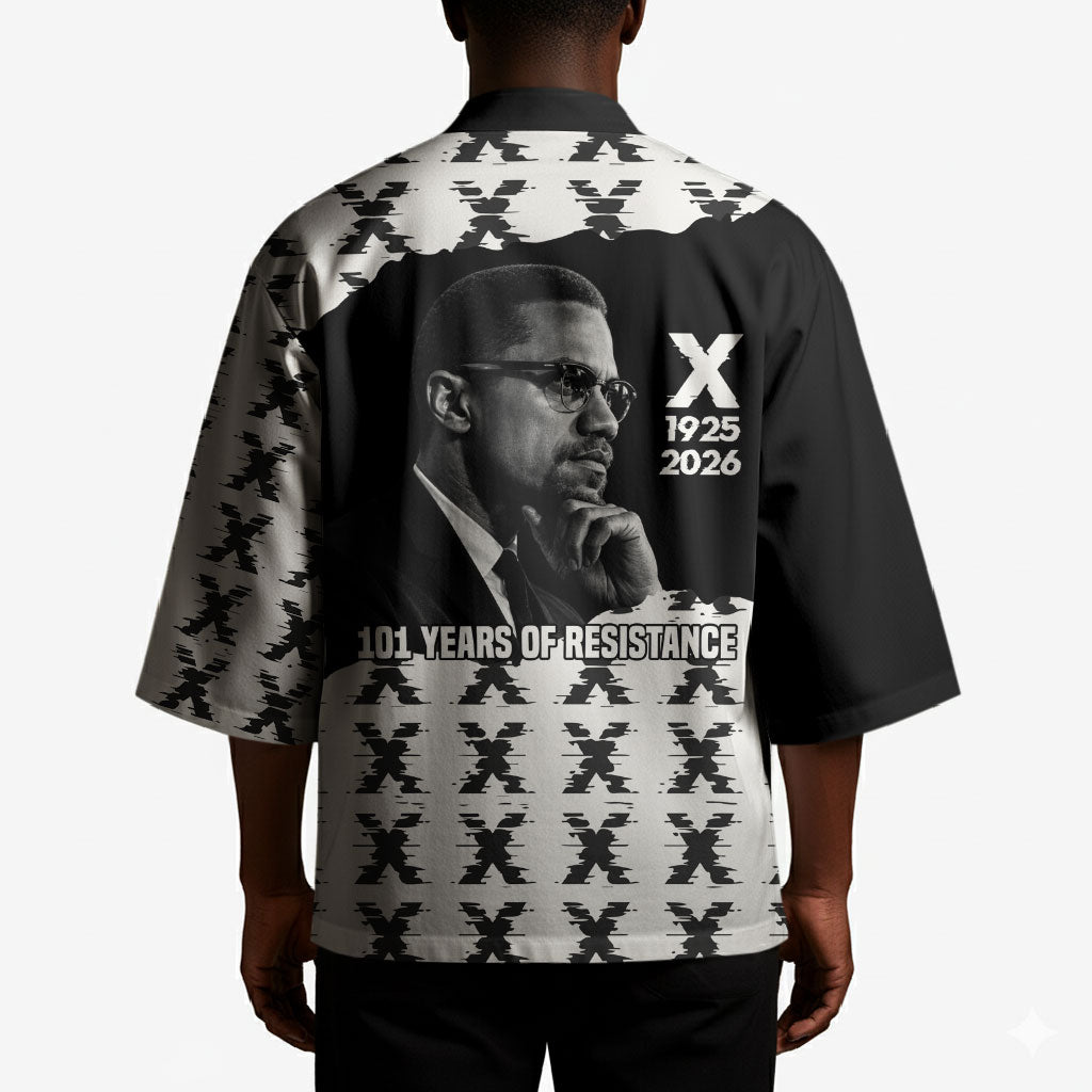 Malcolm X 101 Years Of Resistance Kimono Civil Rights Leader Portrait - Monochrome X Pattern