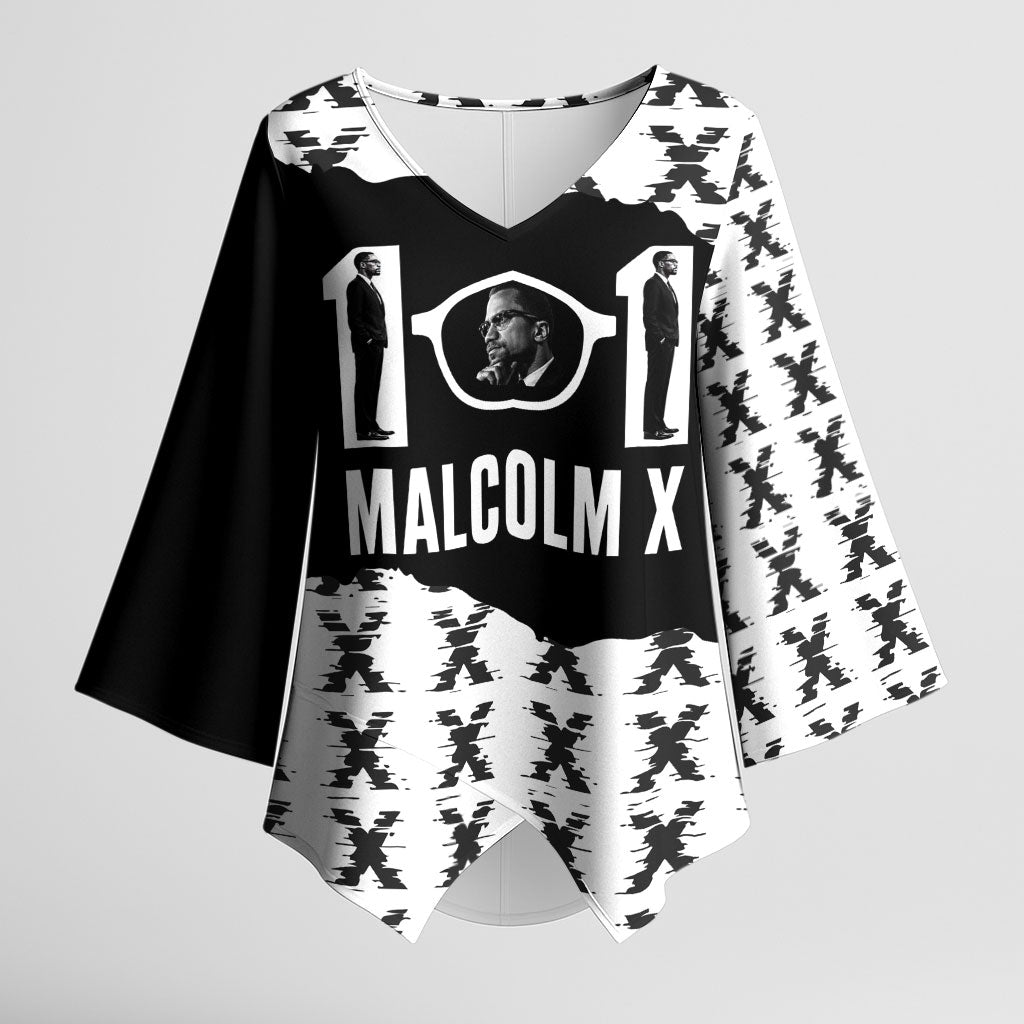 Malcolm X 101 Years Of Resistance Kimono Sleeve Blouse Civil Rights Leader Portrait - Monochrome X Pattern