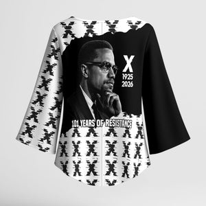 Malcolm X 101 Years Of Resistance Kimono Sleeve Blouse Civil Rights Leader Portrait - Monochrome X Pattern