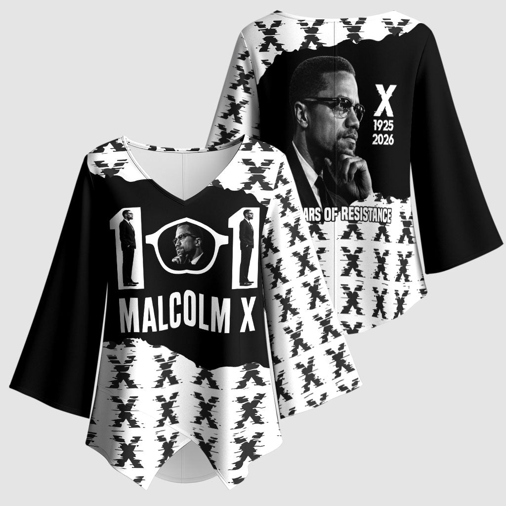 Malcolm X 101 Years Of Resistance Kimono Sleeve Blouse Civil Rights Leader Portrait - Monochrome X Pattern