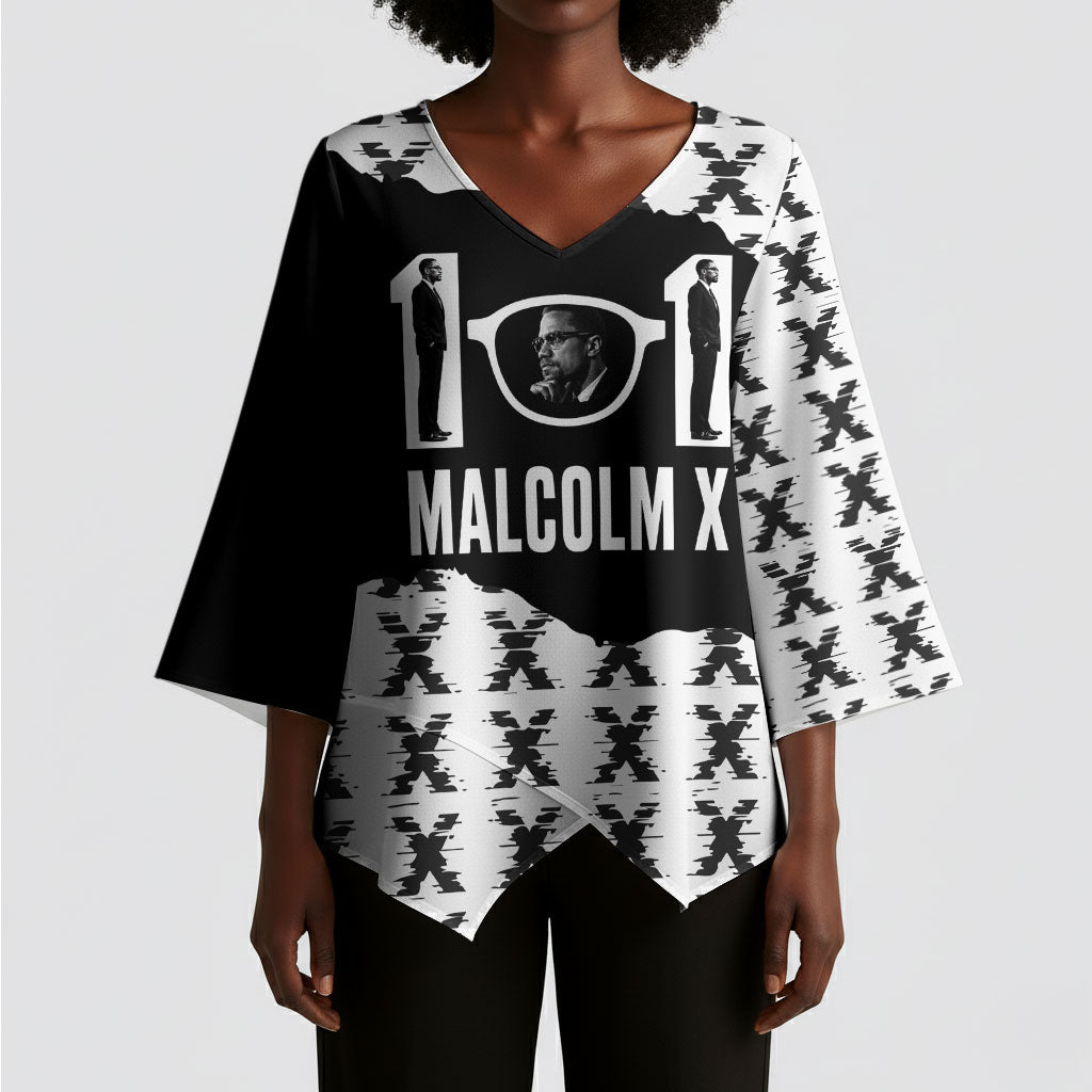 Malcolm X 101 Years Of Resistance Kimono Sleeve Blouse Civil Rights Leader Portrait - Monochrome X Pattern