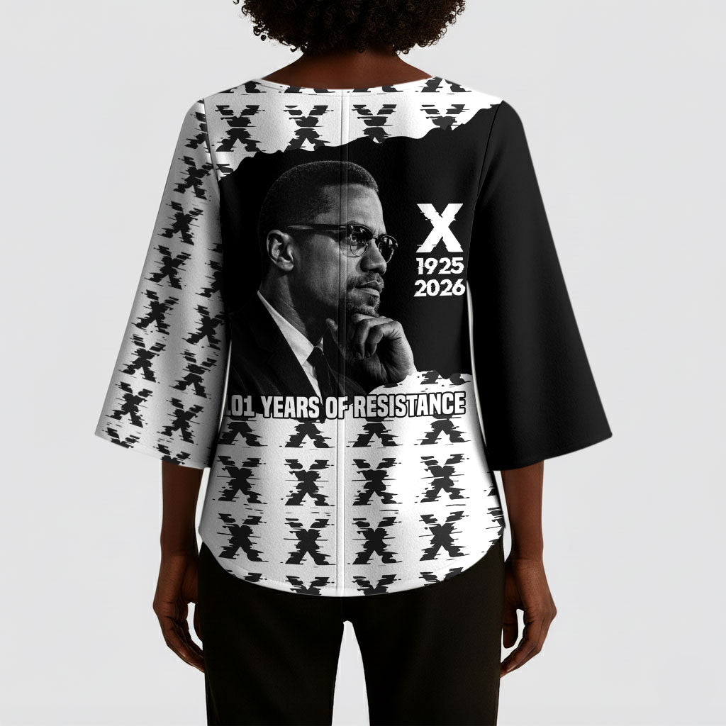 Malcolm X 101 Years Of Resistance Kimono Sleeve Blouse Civil Rights Leader Portrait - Monochrome X Pattern