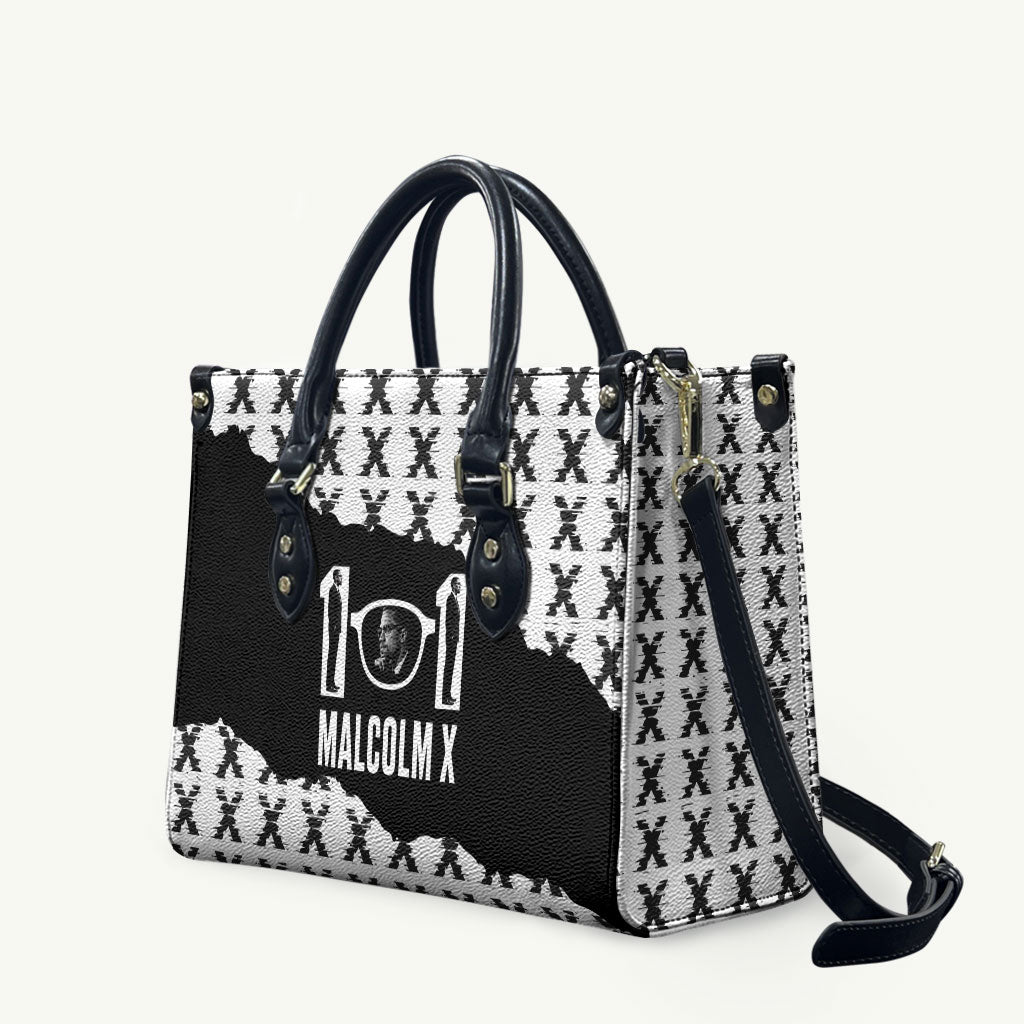 Malcolm X 101 Years Of Resistance Leather Bag Civil Rights Leader Portrait - Monochrome X Pattern