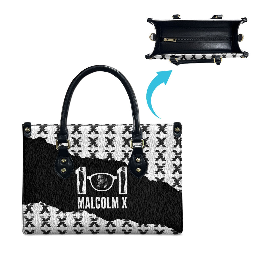 Malcolm X 101 Years Of Resistance Leather Bag Civil Rights Leader Portrait - Monochrome X Pattern