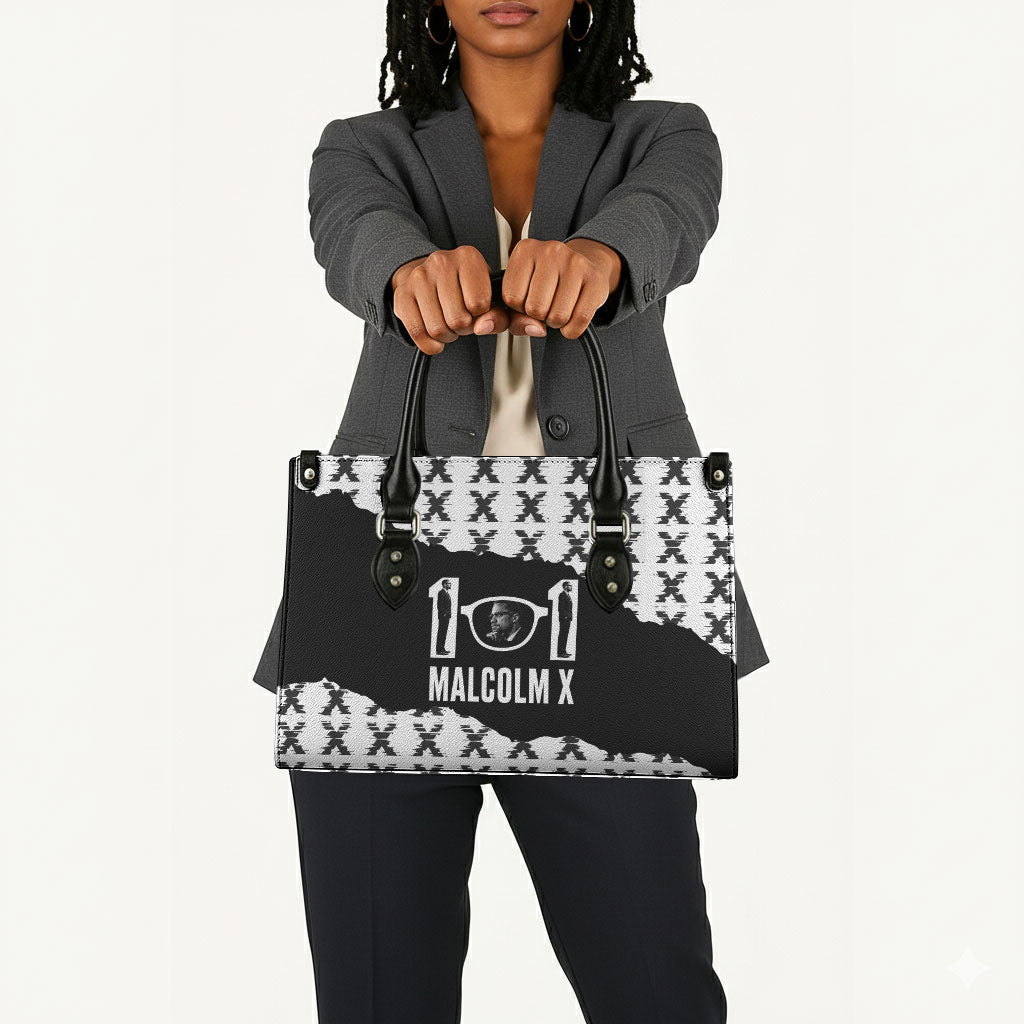 Malcolm X 101 Years Of Resistance Leather Bag Civil Rights Leader Portrait - Monochrome X Pattern