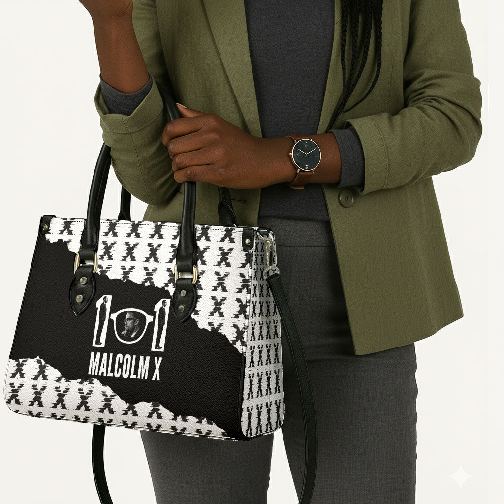 Malcolm X 101 Years Of Resistance Leather Bag Civil Rights Leader Portrait - Monochrome X Pattern