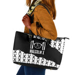 Malcolm X 101 Years Of Resistance Leather Tote Bag Civil Rights Leader Portrait - Monochrome X Pattern