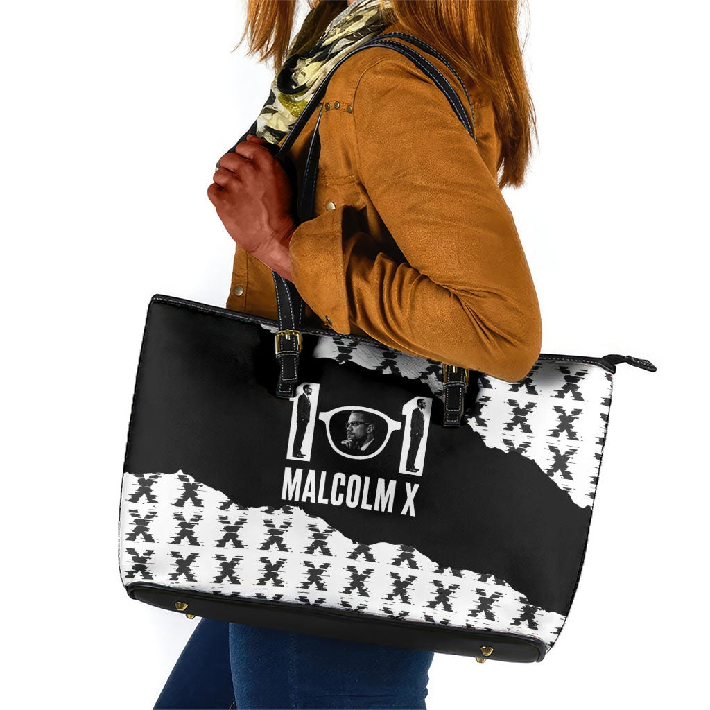 Malcolm X 101 Years Of Resistance Leather Tote Bag Civil Rights Leader Portrait - Monochrome X Pattern