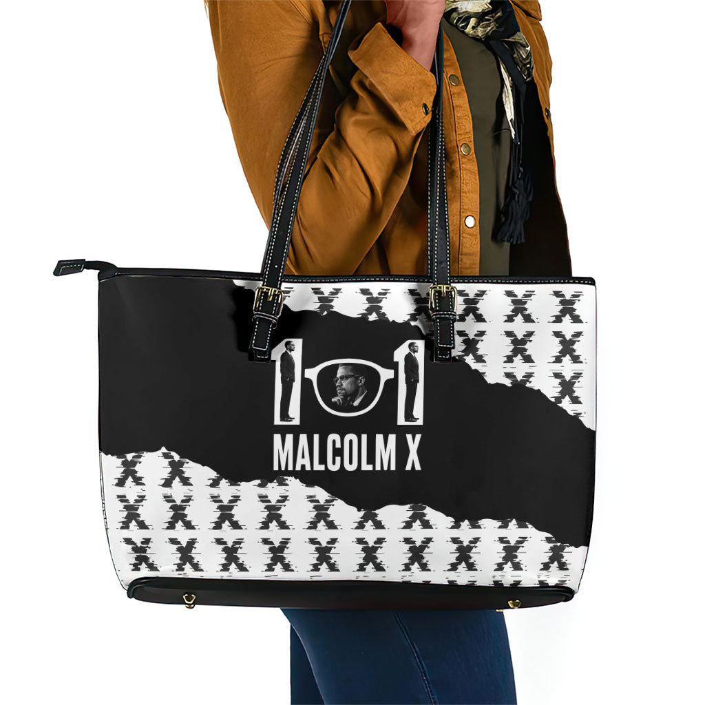 Malcolm X 101 Years Of Resistance Leather Tote Bag Civil Rights Leader Portrait - Monochrome X Pattern