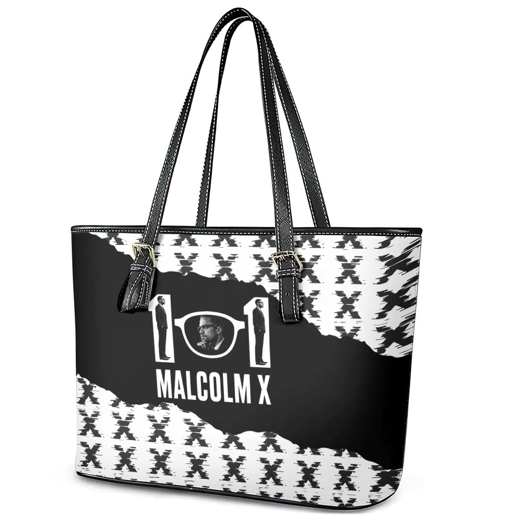 Malcolm X 101 Years Of Resistance Leather Tote Bag Civil Rights Leader Portrait - Monochrome X Pattern