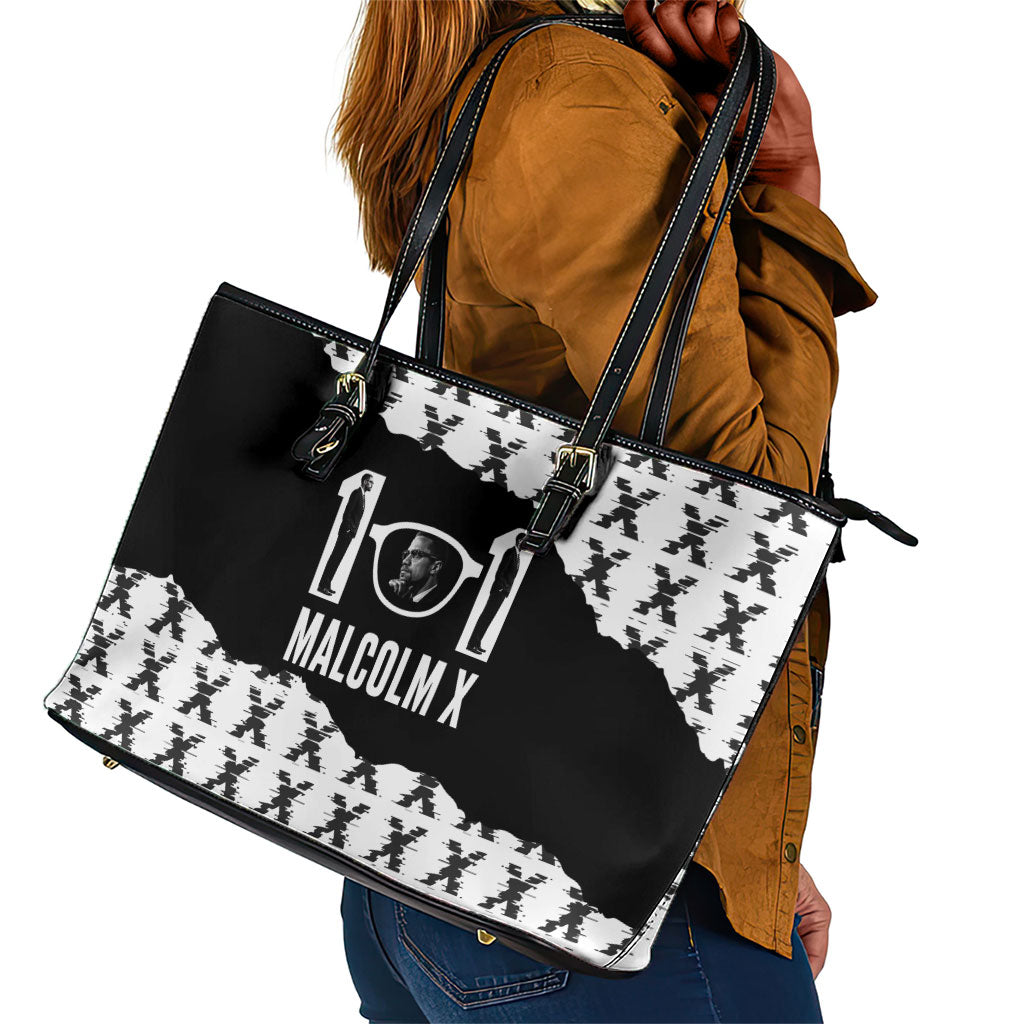 Malcolm X 101 Years Of Resistance Leather Tote Bag Civil Rights Leader Portrait - Monochrome X Pattern
