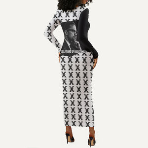 Malcolm X 101 Years Of Resistance Long Sleeve Bodycon Dress Civil Rights Leader Portrait - Monochrome X Pattern