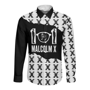 Malcolm X 101 Years Of Resistance Long Sleeve Button Shirt Civil Rights Leader Portrait - Monochrome X Pattern