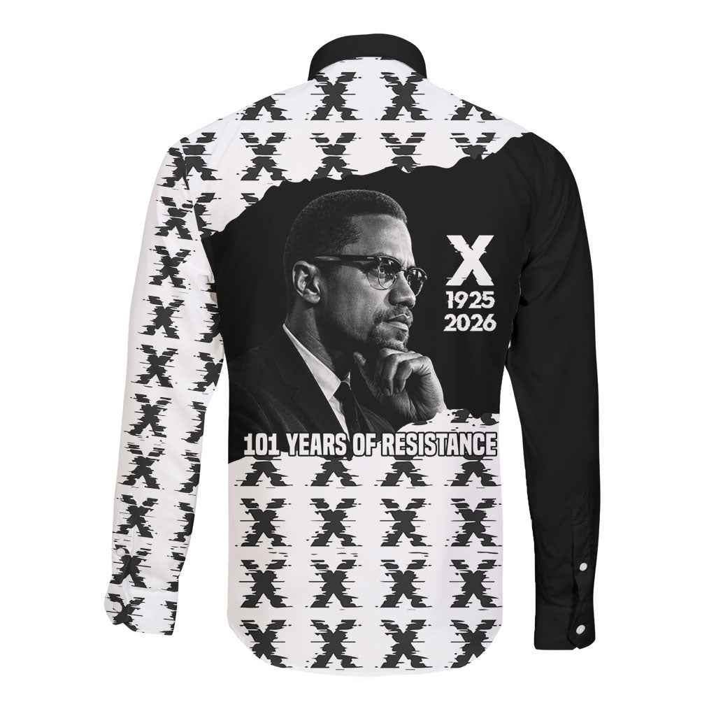 Malcolm X 101 Years Of Resistance Long Sleeve Button Shirt Civil Rights Leader Portrait - Monochrome X Pattern