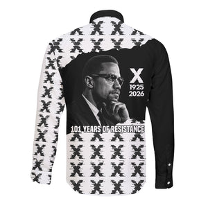 Malcolm X 101 Years Of Resistance Long Sleeve Button Shirt Civil Rights Leader Portrait - Monochrome X Pattern