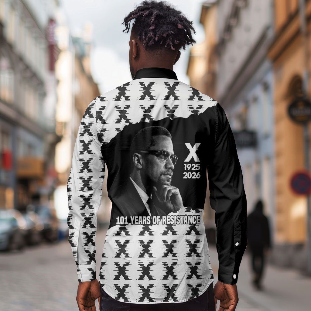 Malcolm X 101 Years Of Resistance Long Sleeve Button Shirt Civil Rights Leader Portrait - Monochrome X Pattern