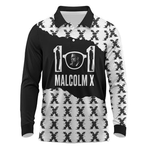 Malcolm X 101 Years Of Resistance Long Sleeve Polo Shirt Civil Rights Leader Portrait - Monochrome X Pattern