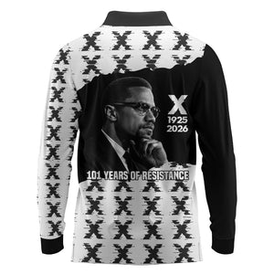 Malcolm X 101 Years Of Resistance Long Sleeve Polo Shirt Civil Rights Leader Portrait - Monochrome X Pattern