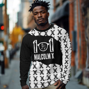 Malcolm X 101 Years Of Resistance Long Sleeve Shirt Civil Rights Leader Portrait - Monochrome X Pattern