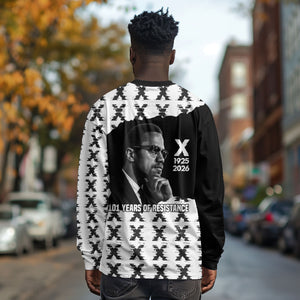 Malcolm X 101 Years Of Resistance Long Sleeve Shirt Civil Rights Leader Portrait - Monochrome X Pattern