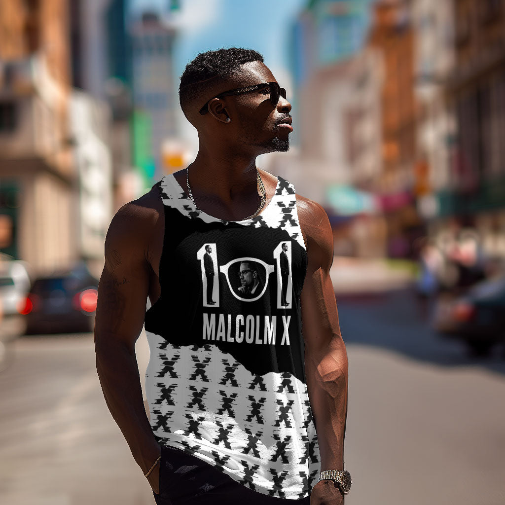 Malcolm X 101 Years Of Resistance Men Tank Top Civil Rights Leader Portrait - Monochrome X Pattern