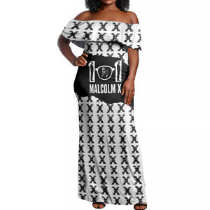 Malcolm X 101 Years Of Resistance Off Shoulder Maxi Dress Civil Rights Leader Portrait - Monochrome X Pattern