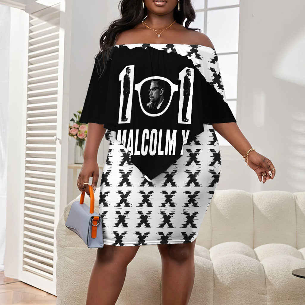 Malcolm X 101 Years Of Resistance Off Shoulder Short Dress Civil Rights Leader Portrait - Monochrome X Pattern