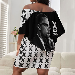 Malcolm X 101 Years Of Resistance Off Shoulder Short Dress Civil Rights Leader Portrait - Monochrome X Pattern