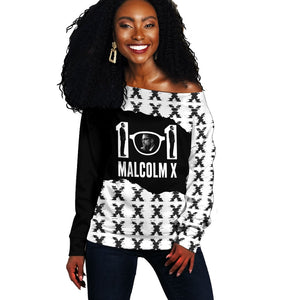 Malcolm X 101 Years Of Resistance Off Shoulder Sweater Civil Rights Leader Portrait - Monochrome X Pattern