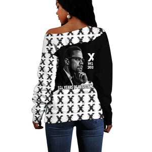 Malcolm X 101 Years Of Resistance Off Shoulder Sweater Civil Rights Leader Portrait - Monochrome X Pattern