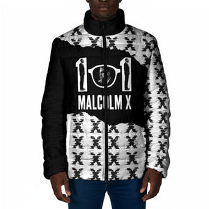 Malcolm X 101 Years Of Resistance Padded Jacket Civil Rights Leader Portrait - Monochrome X Pattern