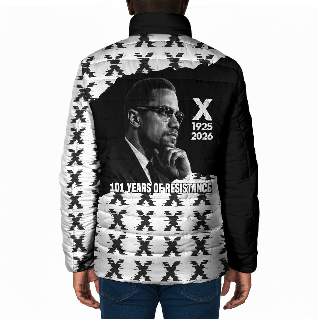 Malcolm X 101 Years Of Resistance Padded Jacket Civil Rights Leader Portrait - Monochrome X Pattern