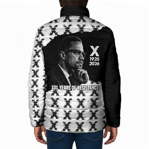 Malcolm X 101 Years Of Resistance Padded Jacket Civil Rights Leader Portrait - Monochrome X Pattern