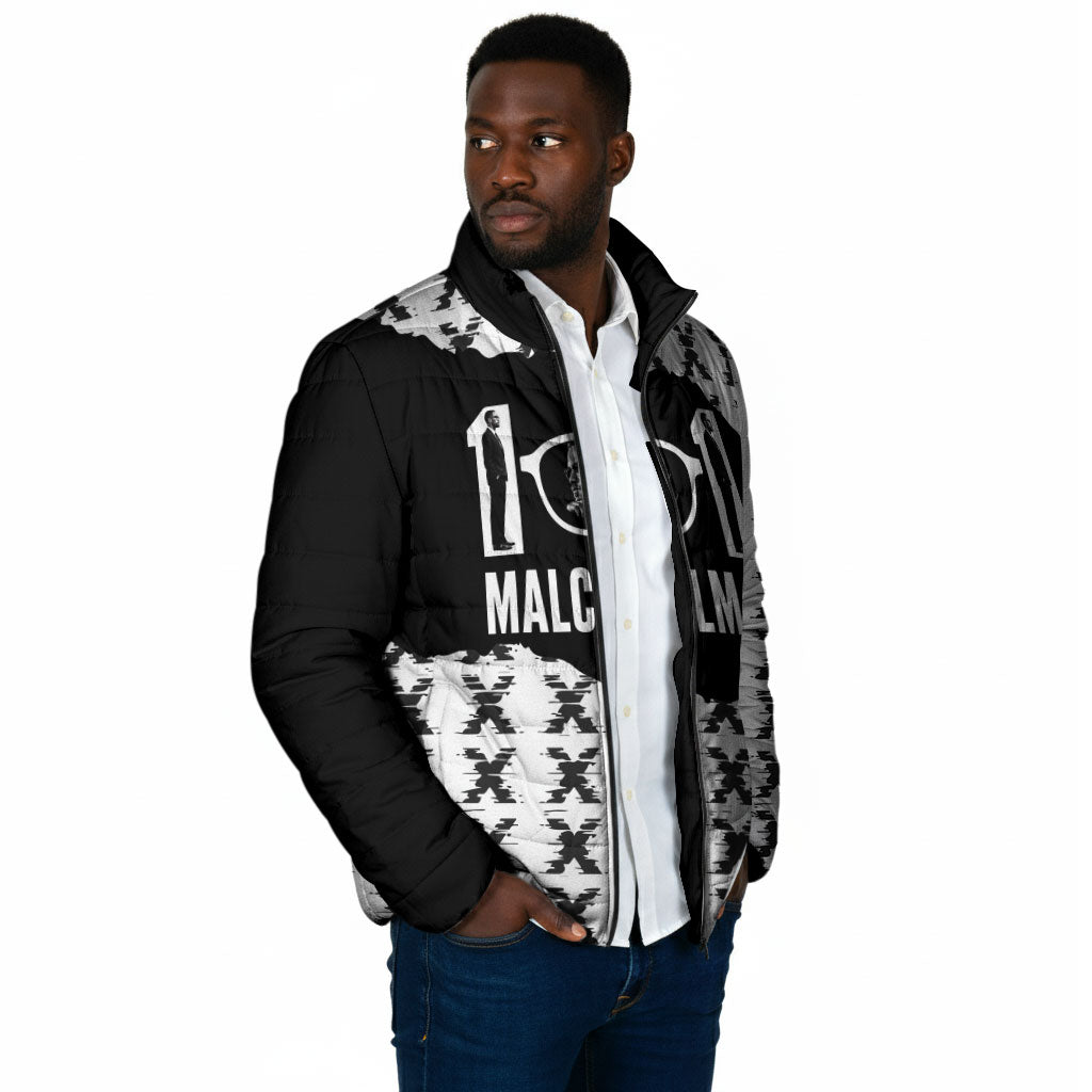 Malcolm X 101 Years Of Resistance Padded Jacket Civil Rights Leader Portrait - Monochrome X Pattern