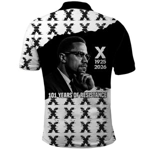Malcolm X 101 Years Of Resistance Polo Shirt Civil Rights Leader Portrait - Monochrome X Pattern