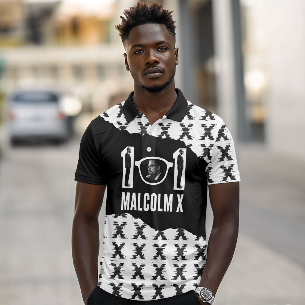 Malcolm X 101 Years Of Resistance Polo Shirt Civil Rights Leader Portrait - Monochrome X Pattern