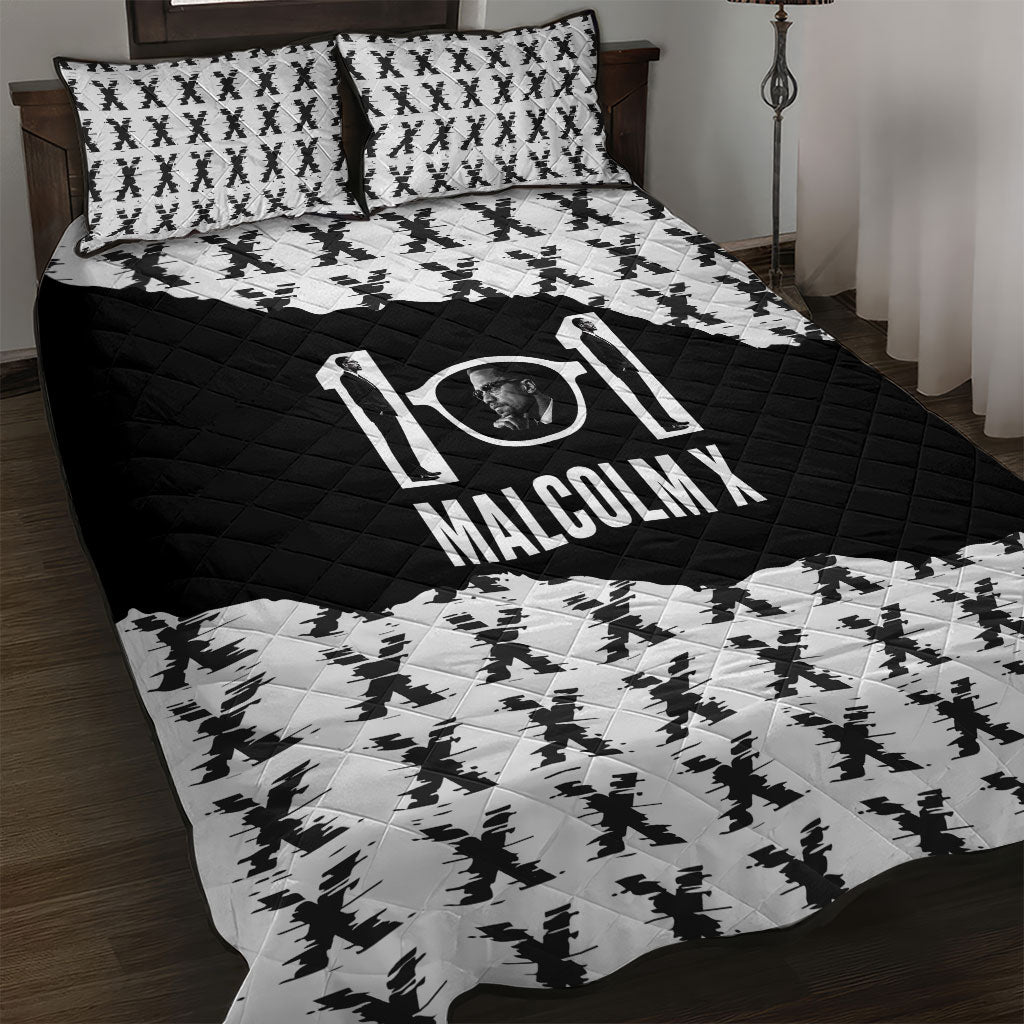 Malcolm X 101 Years Of Resistance Quilt Bed Set Civil Rights Leader Portrait - Monochrome X Pattern