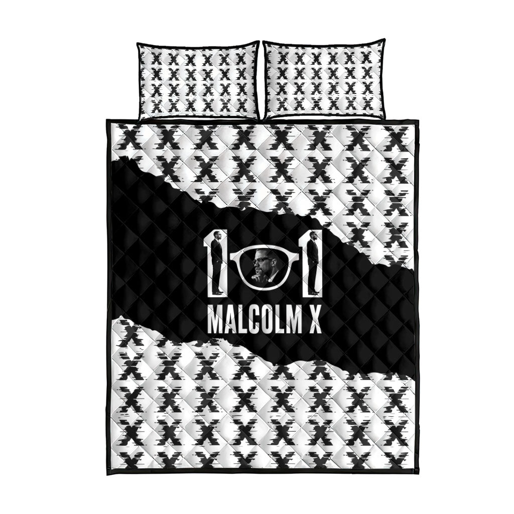 Malcolm X 101 Years Of Resistance Quilt Bed Set Civil Rights Leader Portrait - Monochrome X Pattern