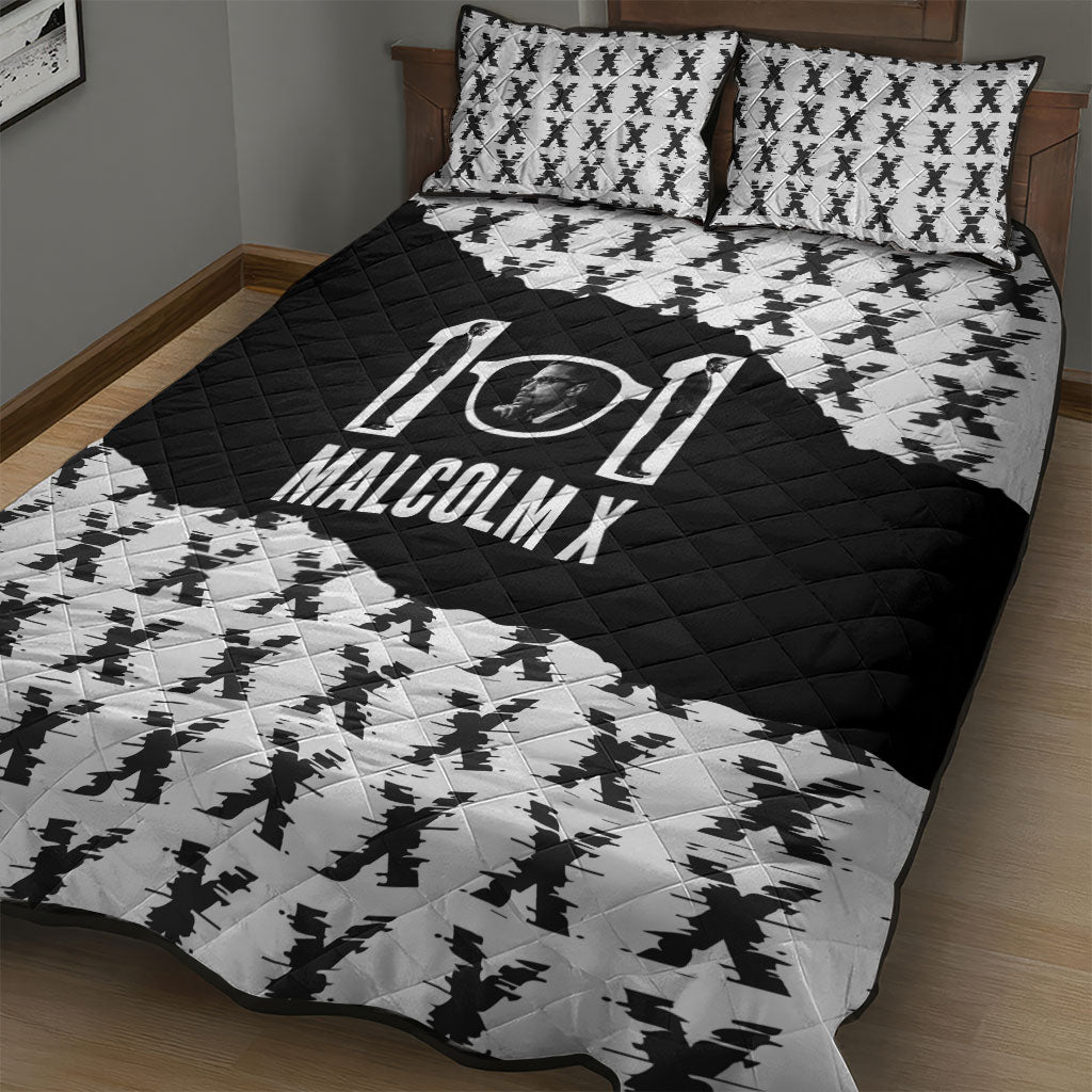 Malcolm X 101 Years Of Resistance Quilt Bed Set Civil Rights Leader Portrait - Monochrome X Pattern