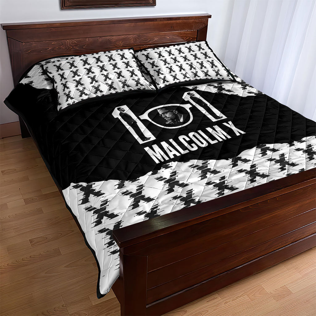 Malcolm X 101 Years Of Resistance Quilt Bed Set Civil Rights Leader Portrait - Monochrome X Pattern