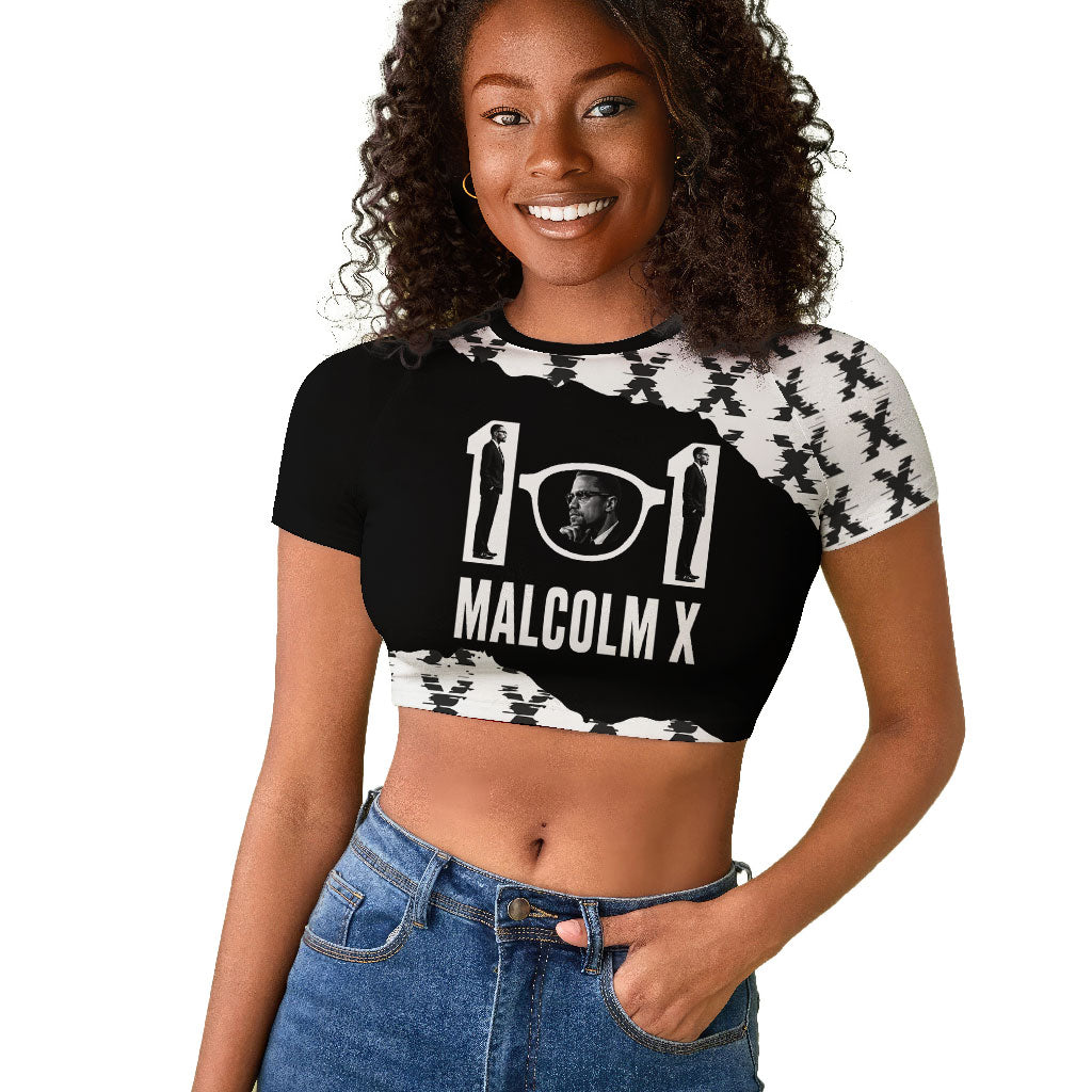 Malcolm X 101 Years Of Resistance Raglan Cropped T shirt Civil Rights Leader Portrait - Monochrome X Pattern