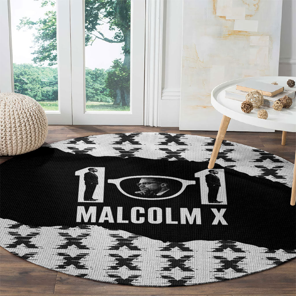 Malcolm X 101 Years Of Resistance Round Carpet Civil Rights Leader Portrait - Monochrome X Pattern