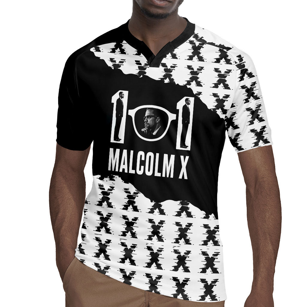 Malcolm X 101 Years Of Resistance Rugby Jersey Civil Rights Leader Portrait - Monochrome X Pattern